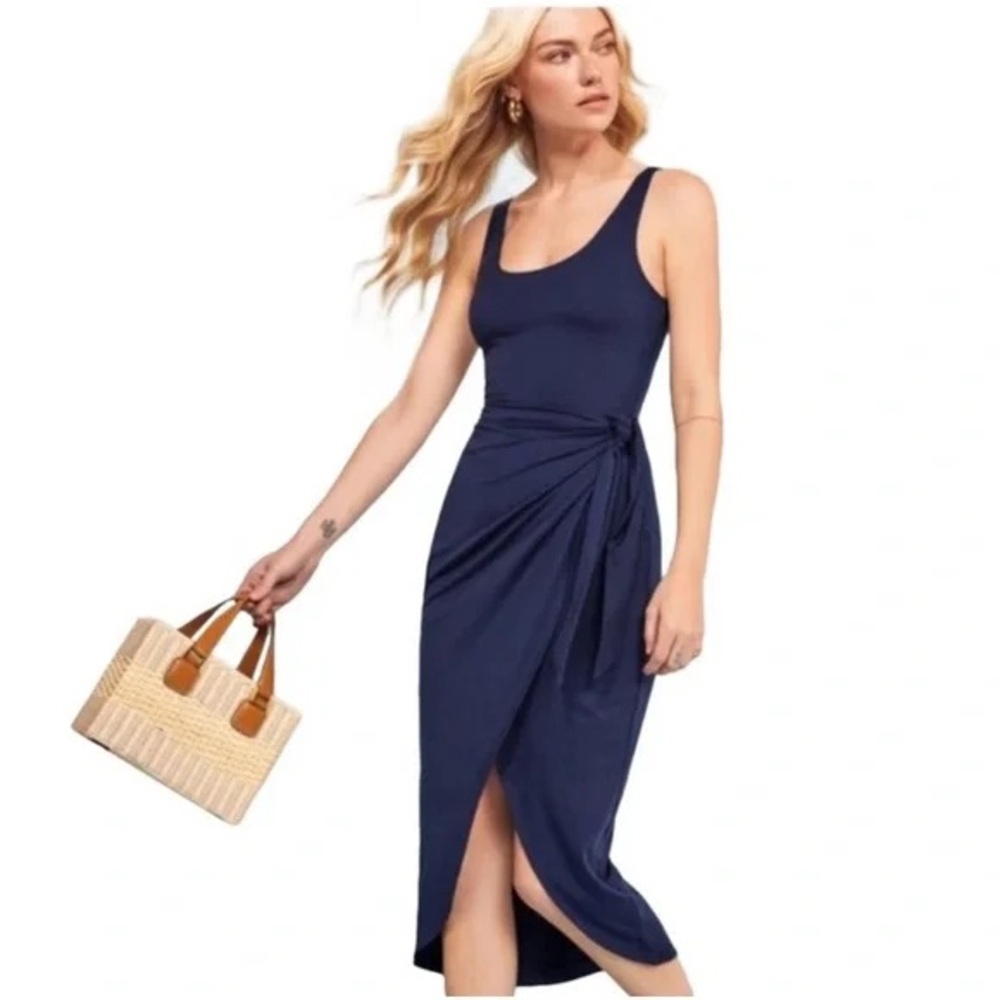 Reformation Kalia Knit Jersey Wrap Dress in Navy